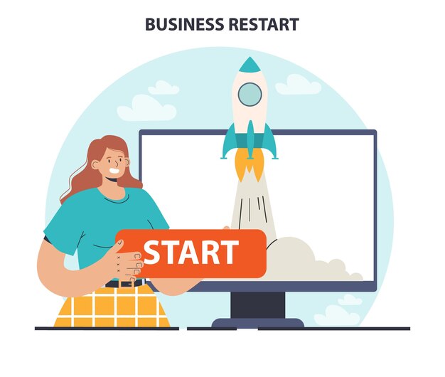 Vector business restart company reopening or project reboot rocket launching