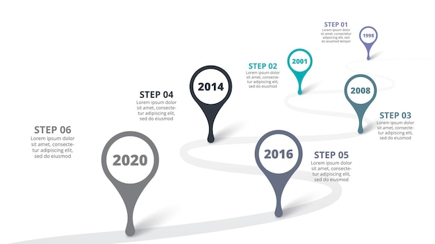 Business roadmap tijdlijn infographic sjabloon met 6 opties of stappen