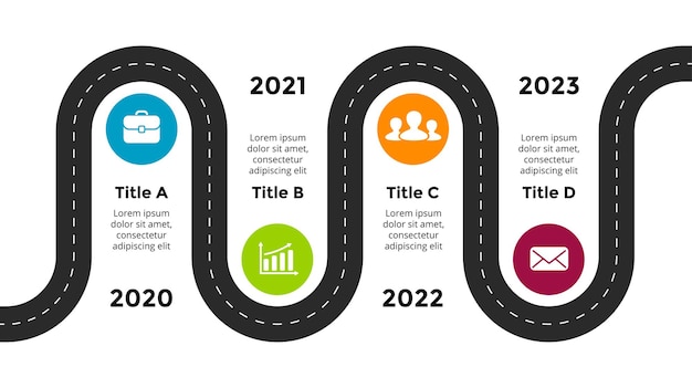 Infografica vettoriale roadmap aziendale modello di presentazione strada 4 passaggi opzioni grafico temporale