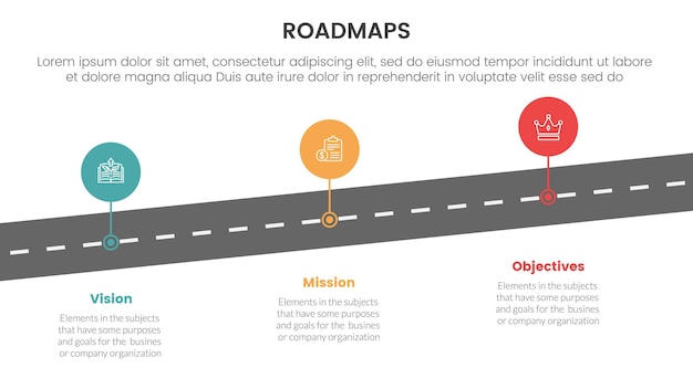 Vector business roadmaps process framework infographic 3 stages with skew road and circle points and light theme concept for slide presentation