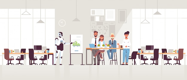 business robot presenting financial graph on flip chart to businesspeople team at conference meeting artificial intelligence technology modern office interior 