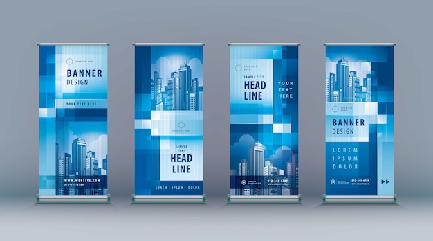 Business roll up set standee design banner modello astratto blu geometrico pixel jflag