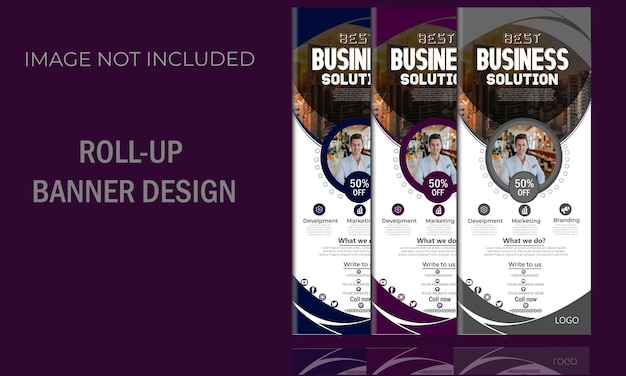 Business rollup banner design three colors white background design color green purple and blue