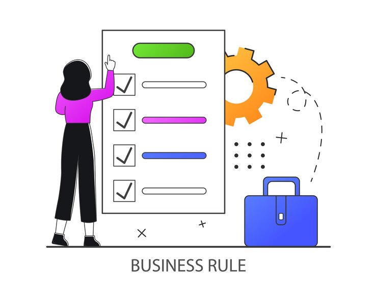 Business rule concept Office worker check rules and thinking about work