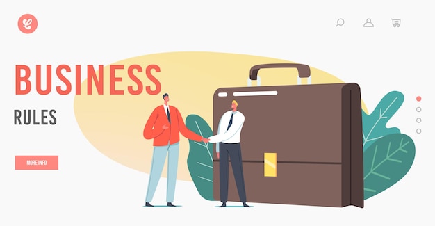 Business Rules, Compliance, Ethics Landing Page Template. Tiny Businessmen Characters Shaking Hands at Huge Briefcase, Boss Explain Company Rules to New Employee. Cartoon People Vector Illustration