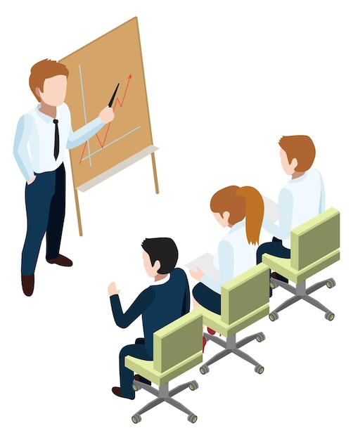 Business seminar isometric scene man showing presentation