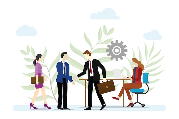 Business service concept with people work and make deals with modern flat style vector illustration