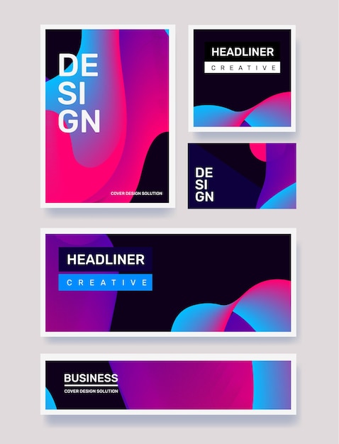 Business set of creative blue and pink abstract illustration on black background