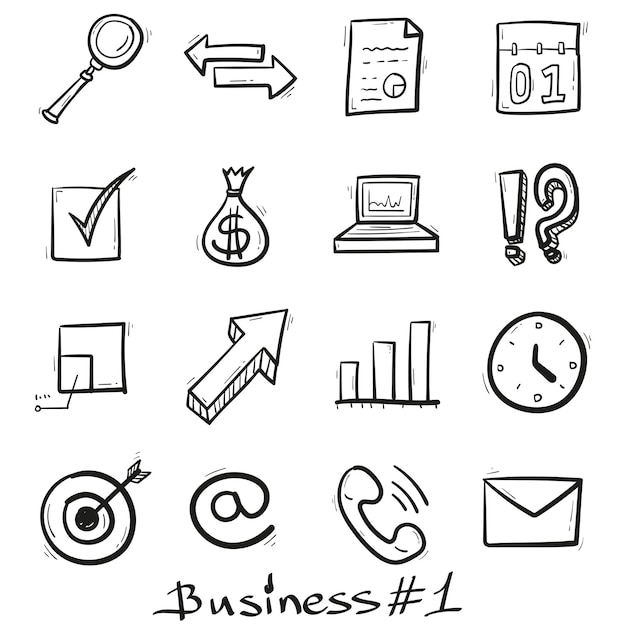 Бизнес набор иконок рисованной в стиле каракули изолированы.