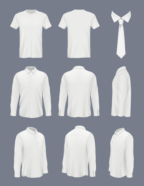 남성용 비즈니스 셔츠. 긴 소매와 넥타이 옷을 입은 남성용 고급 셔츠는 괜찮은 벡터 그림 세트로 만든 옷을 흉내냅니다. 상위 뷰 흰색 셔츠 그림을 조롱