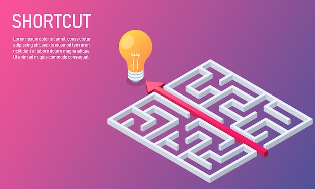 Business shortcut maze to goal red arrow route break out of labyrinth problem solving and solution.