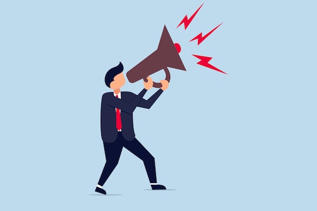 Business shout out speaking out loud to communicate with coworker or draw attention and announce promotion concept confidence young businessman using megaphone speak out loud to be heard in public