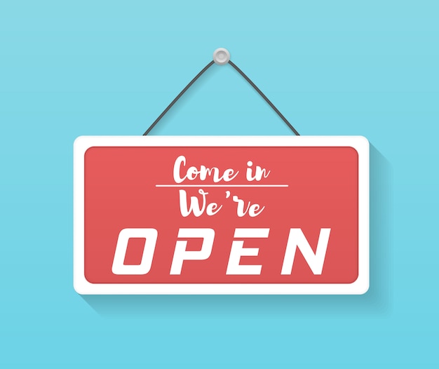 来て、私たちはオープンだというビジネスサイン。さまざまなオープンとクローズのビジネスサインのイメージ。ロープで看板。