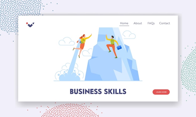 Business skills landing page template motivation agility or innovation concept with character flying on jet pack