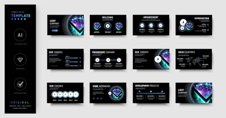 Vector business slides template color blue neon modern style