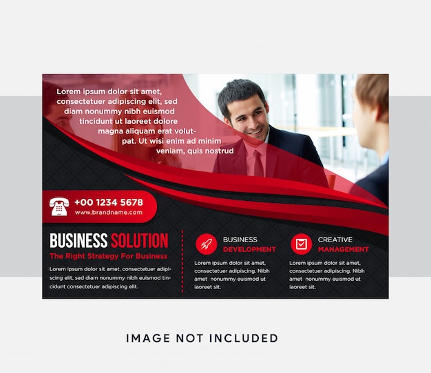 business solution flyer with abstract curve element. horizontal layout with black background and red element design. transparency square pattern. space for photo or image on top.