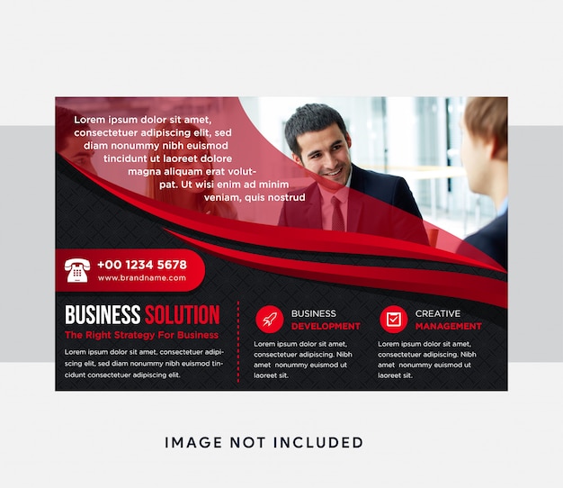 Vector business solution flyer with abstract curve element. horizontal layout with black background and red element design. transparency square pattern. space for photo or image on top.