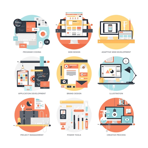 business space set of flat isolated icons