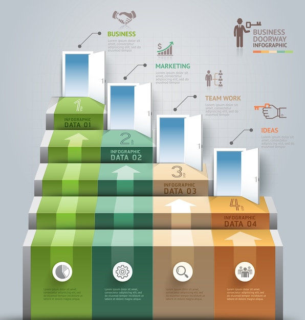 Infographics concettuale della porta della scala di affari.