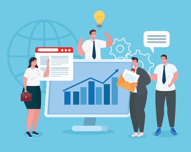 business start up concept, banner, business object startup process, business people with computer and graphic