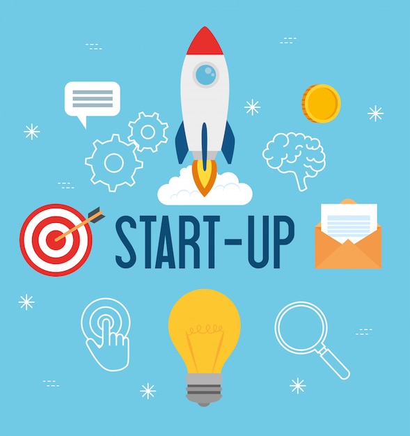 business start up concept, banner, business object startup process, rocket and business icons