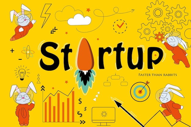 Business Start Up Concept voor webpagina banner presentatie sociale media met een grappig ruimtekonijn