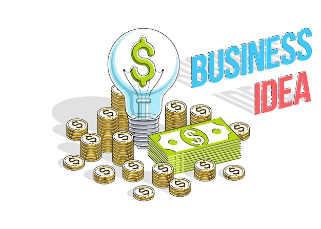 business start up idea concept, light bulb with cash money stack and coins piles. isometric vector business and finance illustration, 3d thin line design.