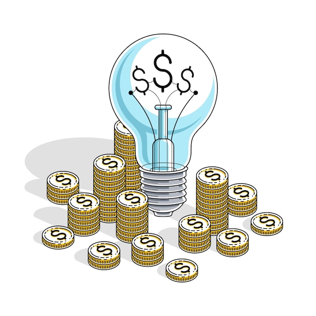 ビジネスはアイデアのコンセプト、現金のお金のスタックとコインの山を持つ電球を開始します。等角ベクトルビジネスと金融のイラスト、3d細い線のデザイン。