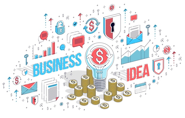 Business start up Idea concept, Light Bulb with cash money stack and coins piles. Vector 3d isometric business illustration with icons, stats charts and design elements.