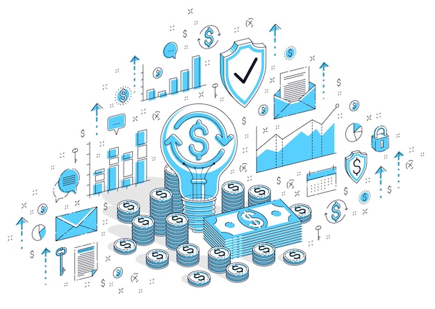 Business start-up idee concept, gloeilamp met contant geld stapel en munten stapels. Vector 3d isometrische bedrijfsillustratie met pictogrammen, statistieken grafieken en ontwerpelementen.