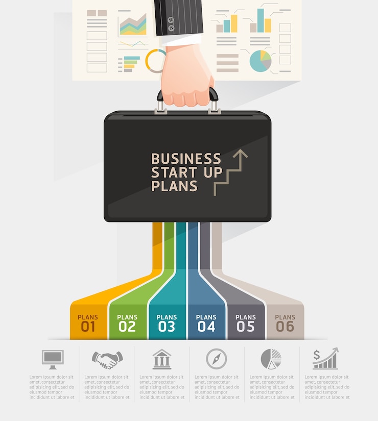 Vector business start up planning conceptual design. businessman hand holding briefcase bag.