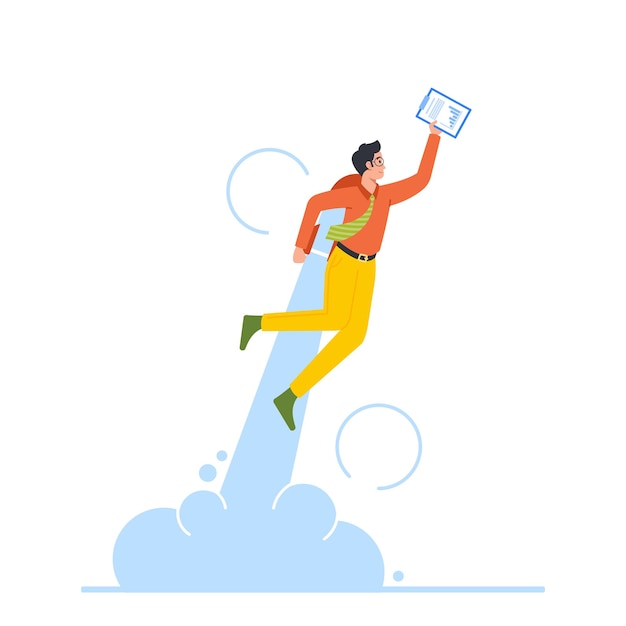 Business startup career boost and growth concept cheerful businessman take off with jet pack office worker flying up