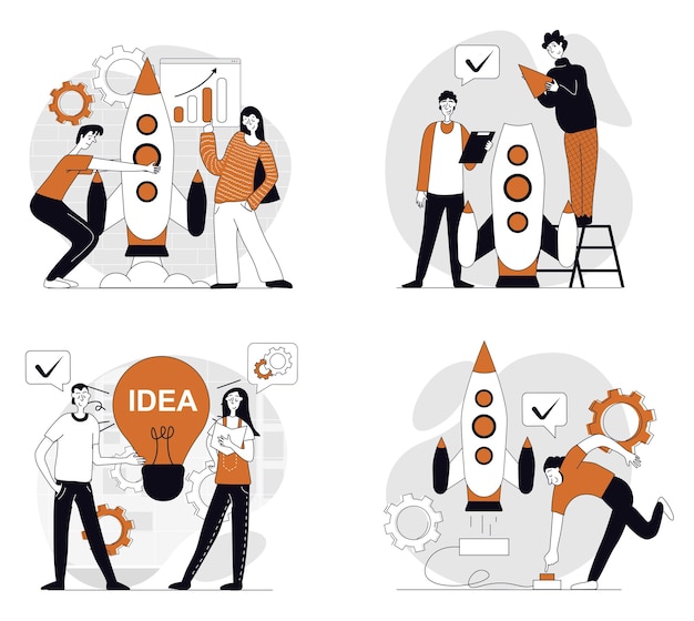 Business startup concept ingesteld in plat ontwerp voor web Collectie met mensen die werken in team brainstorming en planning proces het lanceren van een nieuw project het aantrekken van investeringen Vector illustraties