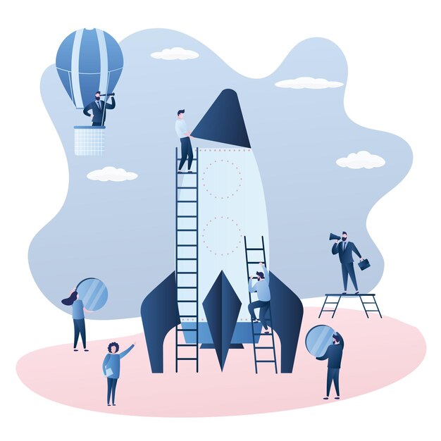 Business startup development and teamwork male and female characters rocket building vector