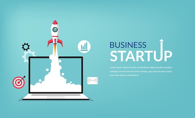 Business startup launching products with rocket symbol.