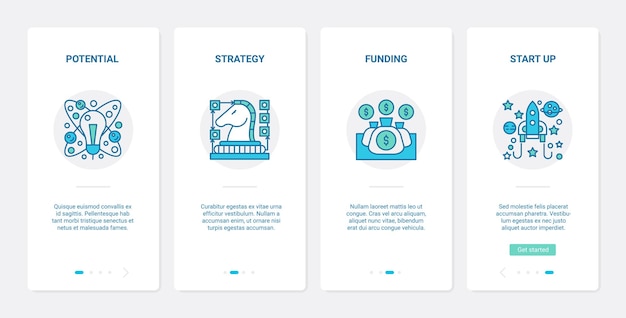 Business startup succes lijnstrategie ux ui onboarding mobiele app pagina scherm set