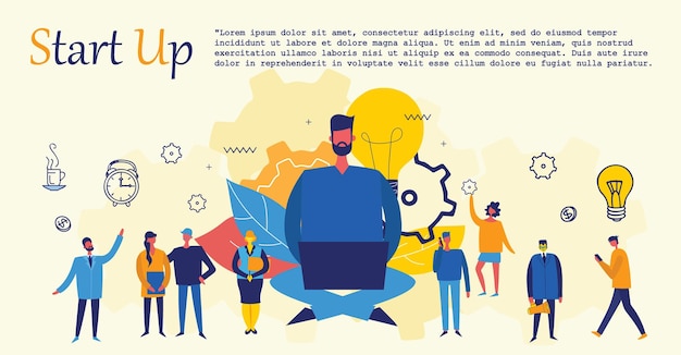 Business startup work moments flat banner New ideas search for investor increased profits Vector illustration of a business situation Businessman and businesswoman enter into a contract