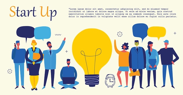 Business startup work moments flat banner New ideas search for investor increased profits Vector illustration of a business situation