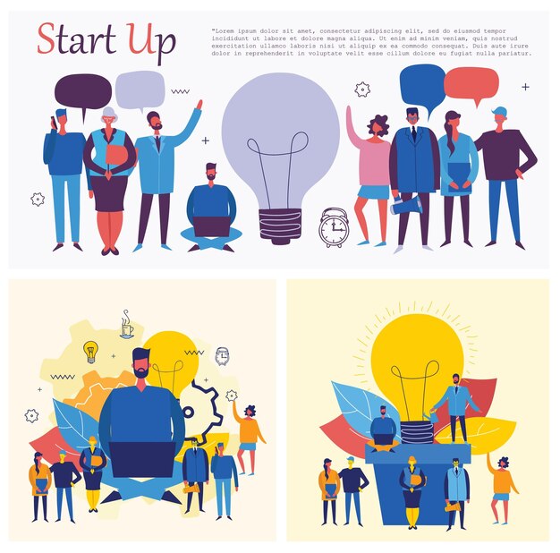 Business startup work moments flat banner New ideas search for investor increased profits Vector illustration of a business situation