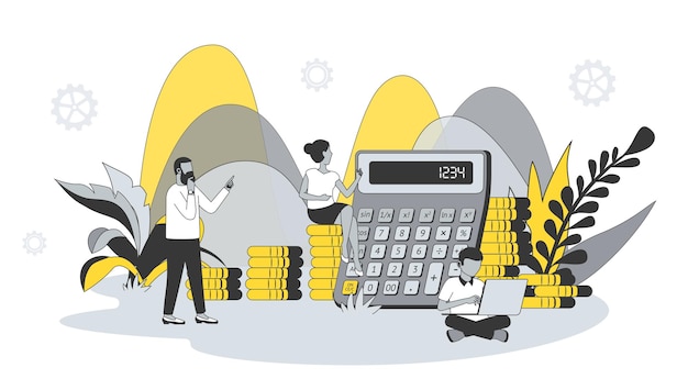 Business statistic concept in flat design with people Man and woman calculating and analyze financial data accounting and earnings money Vector illustration with character scene for web banner