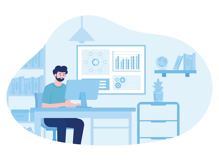 Vector business statistical growth graph analysis an employee at an office desk concept flat illustration