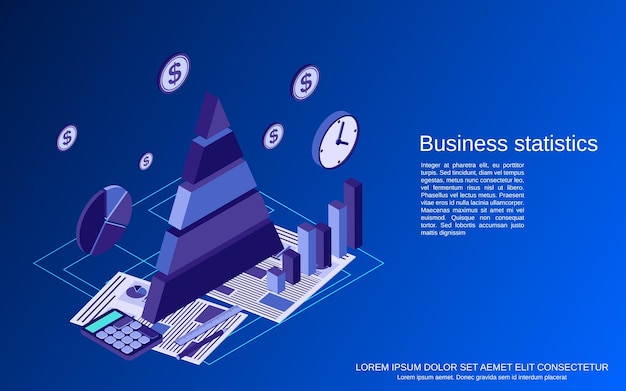 Vector business statistics, financial report flat isometric vector concept illustration