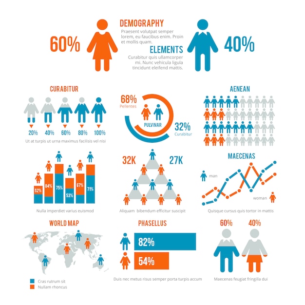 Grafico di statistiche di affari, grafico di popolazione di demographics, elementi infographic moderni di vettore della gente