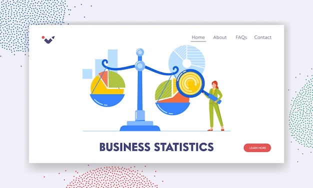 Vector business statistics landing page template tiny character analyzing circular chart on huge scales benchmarking