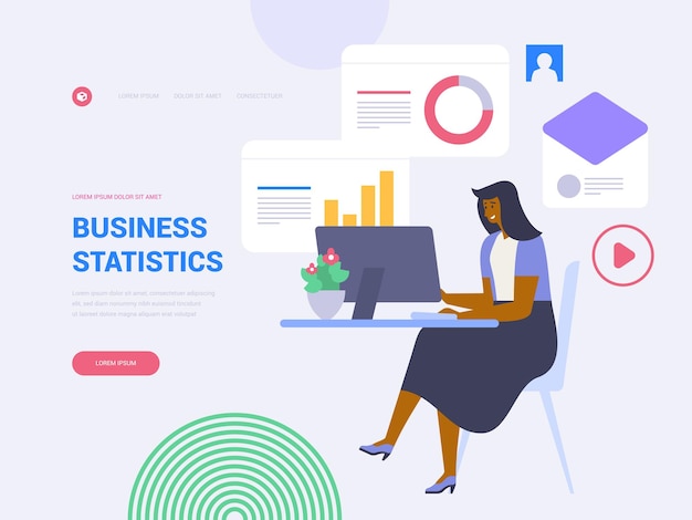 Business statistics landing page vector template. data analysis website homepage interface idea with flat illustrations. business management. financial analytics web banner cartoon concept