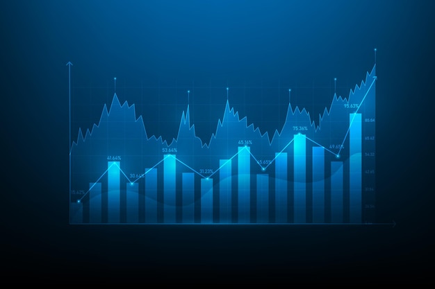 비즈니스 주식 그래프는 파란색 어두운 배경에서 디지털 기술 위로 화살표를 증가시킵니다. 주식 마케팅.