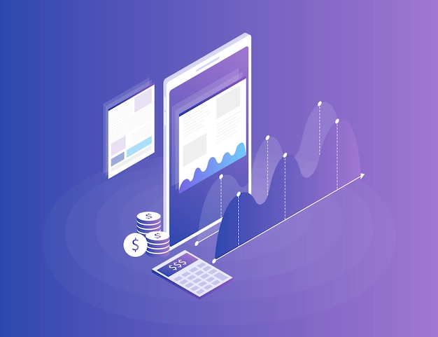 Strategia d'affari. dati di analisi e investimenti. successo aziendale revisione finanziaria con il telefono e gli elementi infografici. 3d isometrico piatto. illustrazione