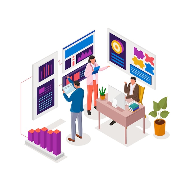 Business strategy and analysis isometric illustration