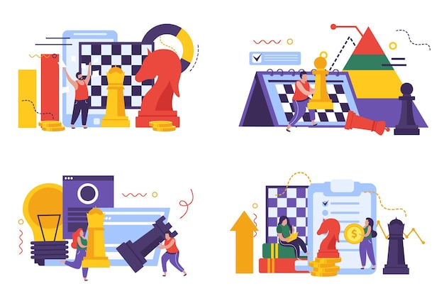 Business strategy concept icons set with chess symbols flat isolated illustration