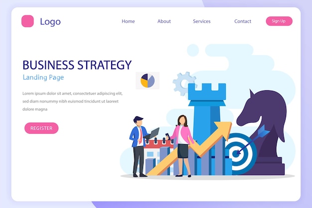 Vector business strategy concept people are planning team metaphor target achievement strategic and tactics chess pieces flat vector template